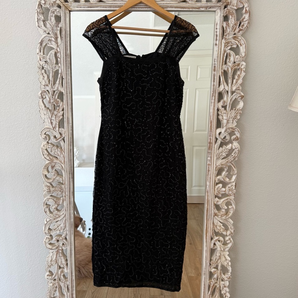 Vintage beaded black 100% silk midi dress